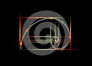 Golden ratio. Fibonacci number, golden section, divine proportion and shiny gold spiral, vector isolated on black background