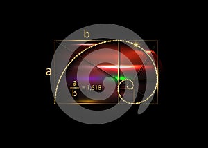 Golden ratio. Fibonacci Sequence number, golden section, divine proportion and shiny gold spiral, geometric spiral