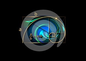 Golden ratio. Fibonacci Sequence number, golden section, divine proportion and shiny gold spiral, geometric spiral logo icon