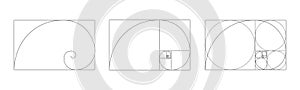 Golden ratio icon. Logarithmic spiral in rectangle frame fracted on squares and circles. Fibonacci sequence sign. Ideal