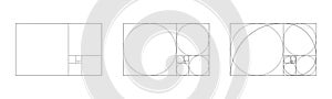 Golden ratio icons set. Rectangle frame fracted on squares, circles and with logarithmic spiral. Fibonacci sequence