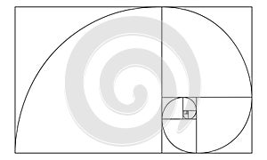 Golden ratio sign. Logarithmic spiral in rectangle. Nautilus shell shape. Leonardo Fibonacci Sequence. Ideal nature
