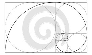 Golden ratio sign. Logarithmic spiral in rectangle with squares and circles. Leonardo Fibonacci Sequence. Ideal symmetry