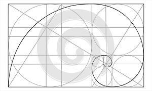 Golden ratio template. Logarithmic spiral in rectangle with circles and crossing lines. Nautilus shell shape. Fibonacci