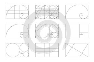 Golden ratio template set. Fibonacci sequence signs. Logarithmic spiral in rectangle frame fracted on lines, squares and