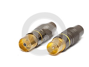 Golden RCA audio connectors, isolated on white