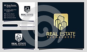 Golden Real Estate Shield Safe modern logo design vector Illustration, business card template