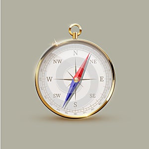Golden realistic compass isolated on gray background. Vector design element.