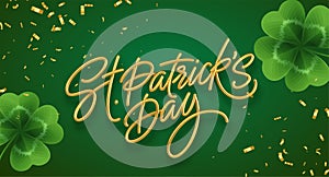 Golden realistic lettering Happy St. Patricks Day with realistic clover leaves background. Background for poster, banner