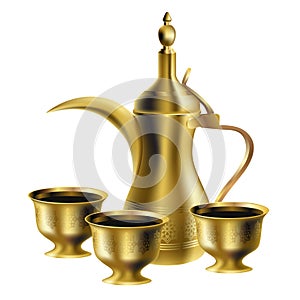 Golden realistic vector 3D arabic coffee pot dallah and three cups of bitter coffee Khaleeji isolated on white background