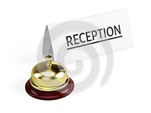Golden reception bell and blank reception sign isolated on white background