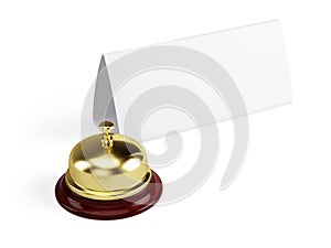 Golden reception bell and blank sign isolated on white background