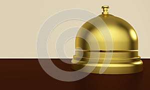 Golden reception bell on a table in a hotel. 3d rendering