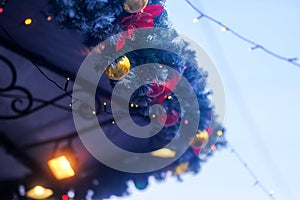 Golden and red Christmas decorations, fir-needles