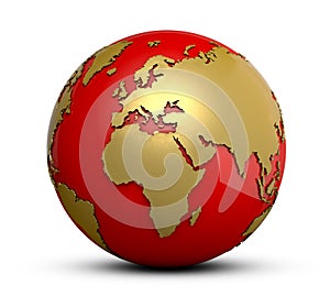 Golden and red globe isolated on white background. 3d illustration.