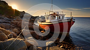 Golden And Red Maritime Scene: Small Boat Docked Next To Rock