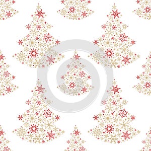 Golden and red snowflake Christmas tree on white background. Christmas vector card seamless background