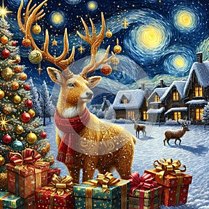A golden reindeer in holiday costum, with the decorated christmas tree and gifts, in a snowing village, starry night, painting photo