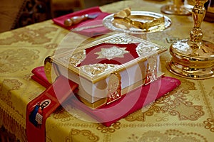 Golden religious utensils. Details in the Orthodox Christian Church. Russia