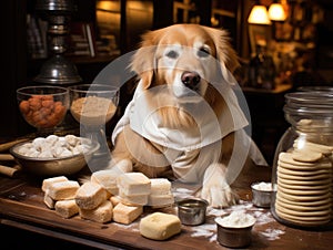 Golden retriever baker kneading dough in pretend bakery