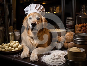 Golden retriever baker kneading dough in pretend bakery