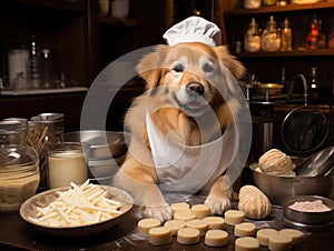 Golden retriever baker kneading dough in pretend bakery