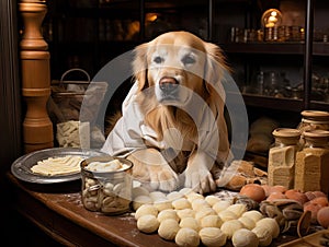 Golden retriever baker kneading dough in pretend bakery