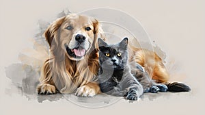 Golden Retriever and Black Cat Posing Together, Charming Pet Friends Photography, Perfect for Pet Related Content. AI
