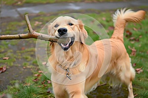 golden retriever catching stick, tail wagging voraciously