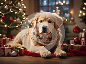 A golden retriever celebrating Christmas