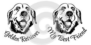 Golden Retriever Dog Breed. Set of Black and White Vector Illustration of Labrador with text - My best friend, Golden Retriever