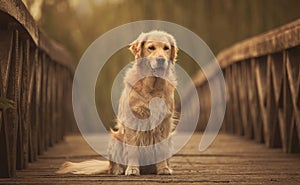 Golden retriever dog in the bridge