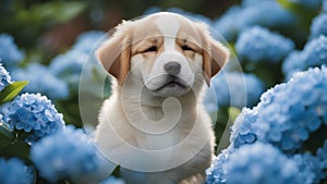 golden retriever dog A content puppy with closed eyes and a gentle smile, surrounded by a halo of blue hydrangeas