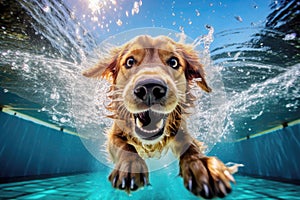 Golden Retriever dog diving in the pool