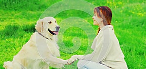 Golden Retriever dog giving paw to hand owner woman on grass training outdoors