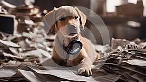 golden retriever dog A grinning Bordeaux puppy with a comical expression, surrounded by a pile of chewed up newspapers,