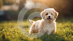 golden retriever dog Happy little orange havanese puppy dog is sitting in the grass