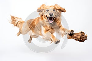 golden retriever dog jumping in the air with a toy in its mouth