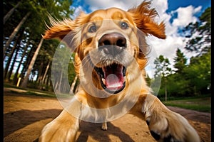 Golden retriever dog jumping in the park