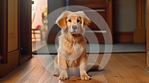 Golden retriever dog  lines up sweetly, sits in front of the door  , Generate AI