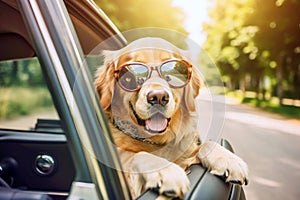 A Golden Retriever dog looks out of the window of a driving car