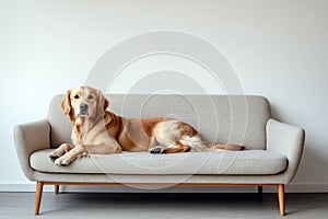 Golden retriever dog lying on modern light gray sofa in cozy living room photo