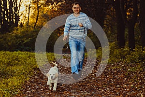 Golden retriever dog with owner