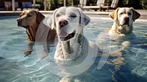 golden retriever dog playing in the swimming pool. Pet rehabilitation in water