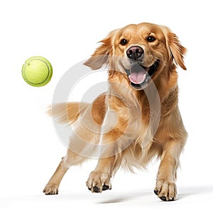 Golden Retriever dog playing with a tennis ball, isolated on white background