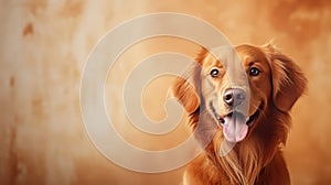 Golden Retriever dog portrait close up. Golden Retriever dog. Horizontal banner poster background. Copy space. Photo texture AI
