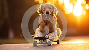 Golden retriever dog rides skateboard against sunset backdrop. Ai Generated