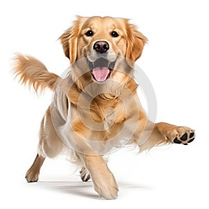 Golden Retriever dog running and jumping in front of a white background