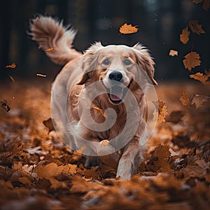 A golden retriever dog runs through vibrant autumn fall leaves. A generative AI image of a canine having fun.