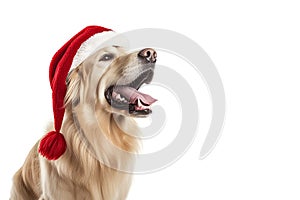 A golden retriever dog in a Santa Claus hat. Big dog in a red Santa hat. New year or Christmas Banner with copy cpace.